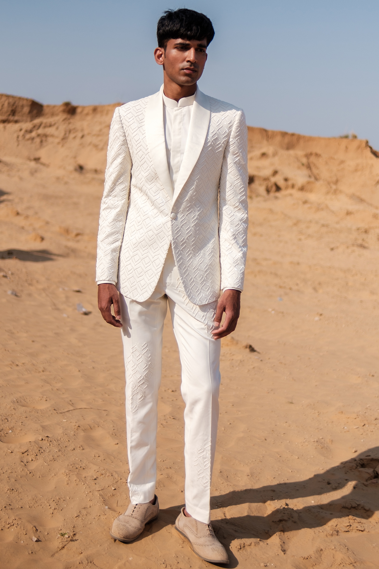 Ivory Cotton Silk blend Beads Embroidered Tuxedo Set by Amaare