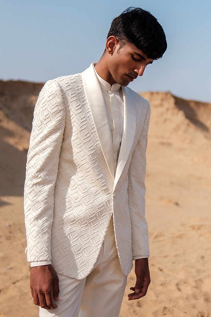 Ivory Cotton Silk blend Beads Embroidered Tuxedo Set by Amaare at Pernia's Pop Up Shop