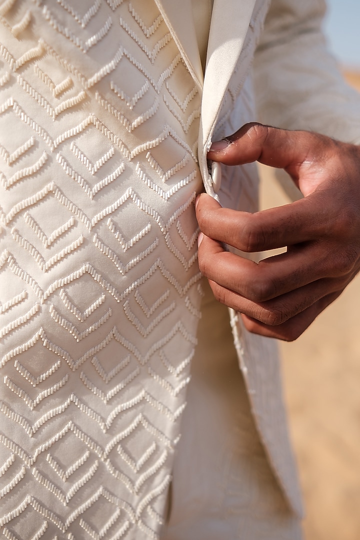 Ivory Cotton Silk blend Beads Embroidered Tuxedo Set by Amaare at Pernia's Pop Up Shop