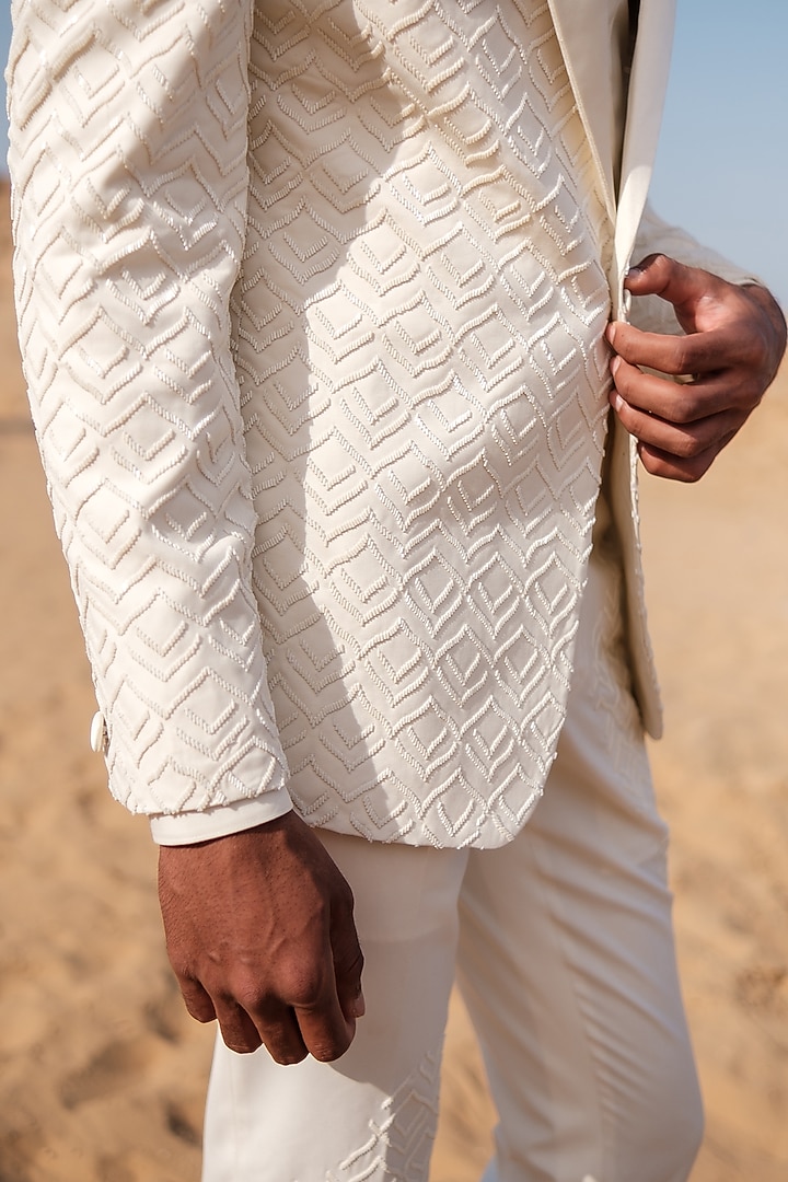 Ivory Cotton Silk blend Beads Embroidered Tuxedo Set by Amaare at Pernia's Pop Up Shop