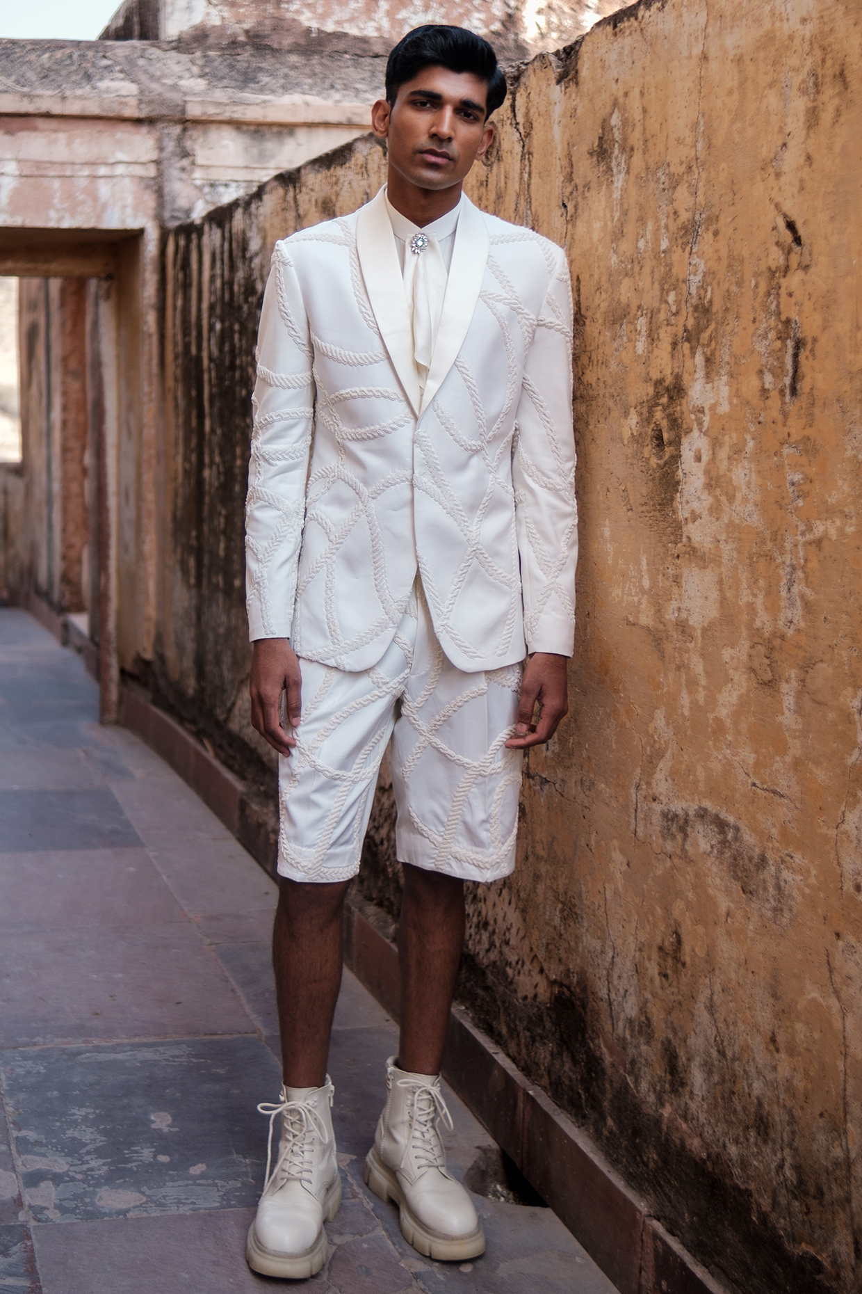 Ivory Cotton Silk blend 3D Embroidered Tuxedo Set by Amaare