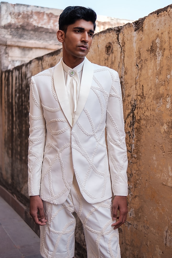 Ivory Cotton Silk blend 3D Embroidered Tuxedo Set by Amaare at Pernia's Pop Up Shop