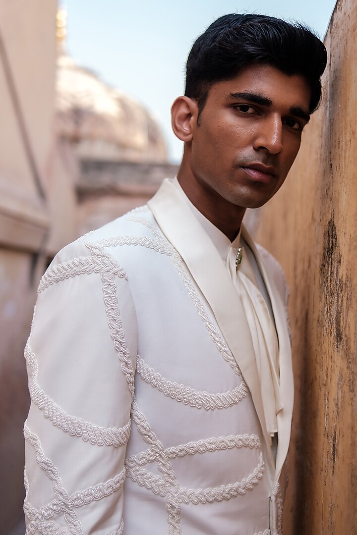 Ivory Cotton Silk blend 3D Embroidered Tuxedo Set by Amaare at Pernia's Pop Up Shop