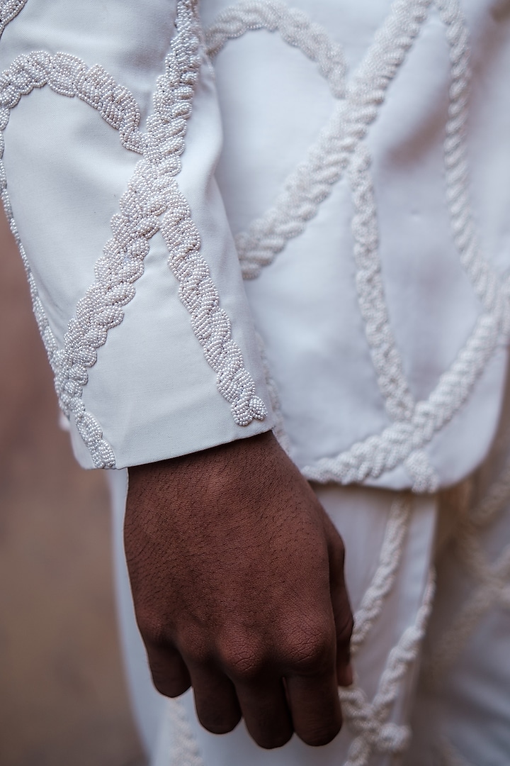 Ivory Cotton Silk blend 3D Embroidered Tuxedo Set by Amaare at Pernia's Pop Up Shop