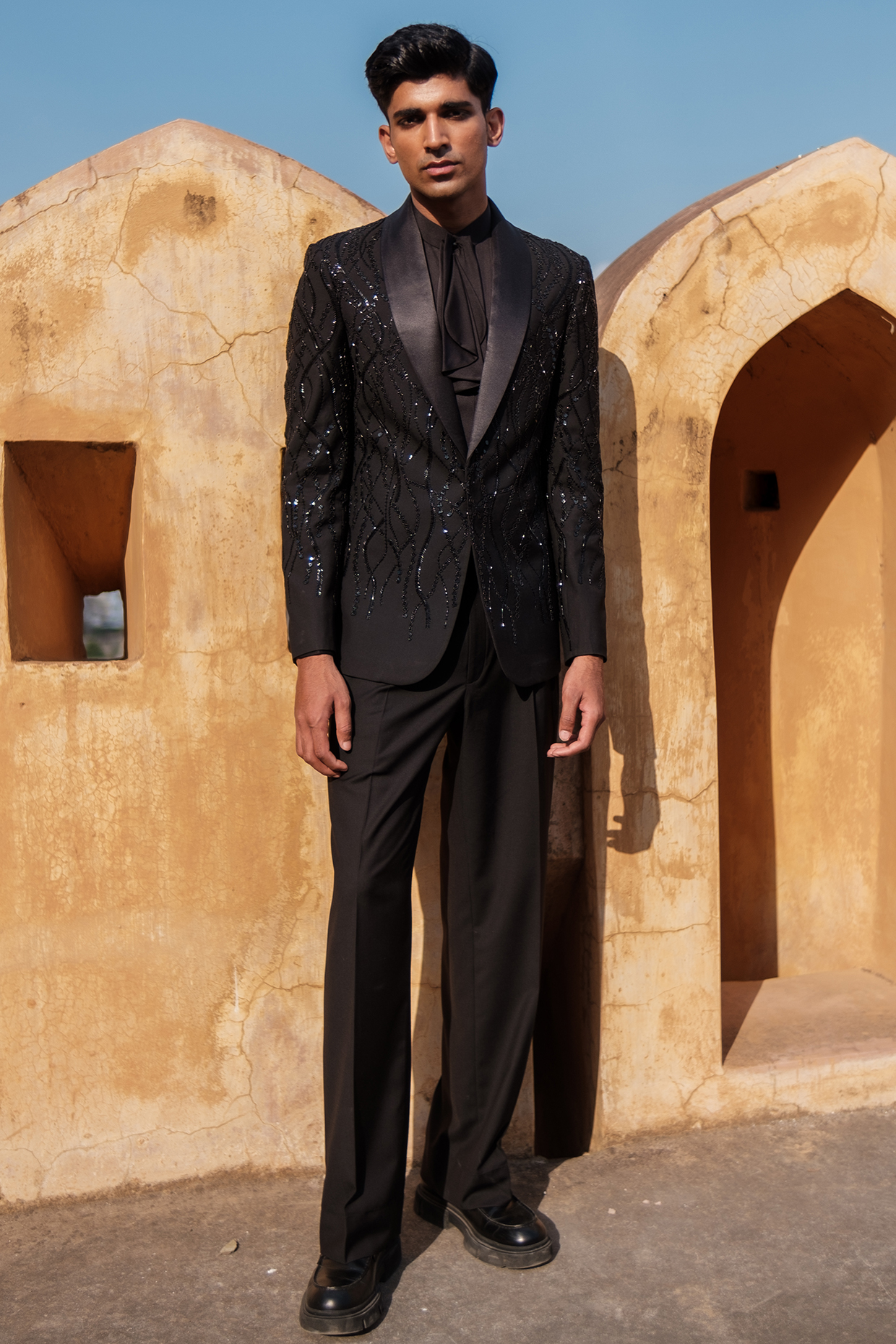 Black Cotton Silk blend 3D Embroidered Tuxedo Set by Amaare