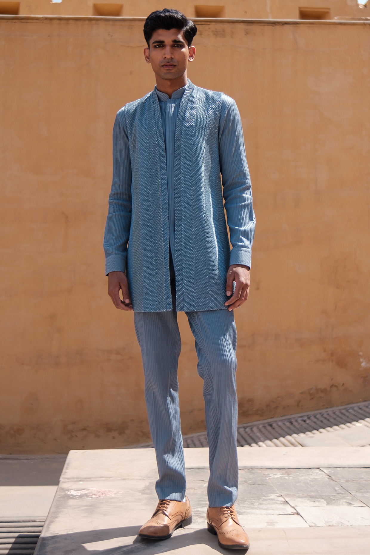 Denim Blue Cotton Silk blend Beads Embroidered Nehru Jacket Set by Amaare