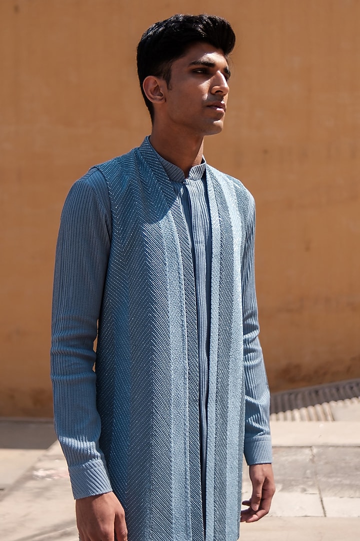 Denim Blue Cotton Silk blend Beads Embroidered Nehru Jacket Set by Amaare at Pernia's Pop Up Shop