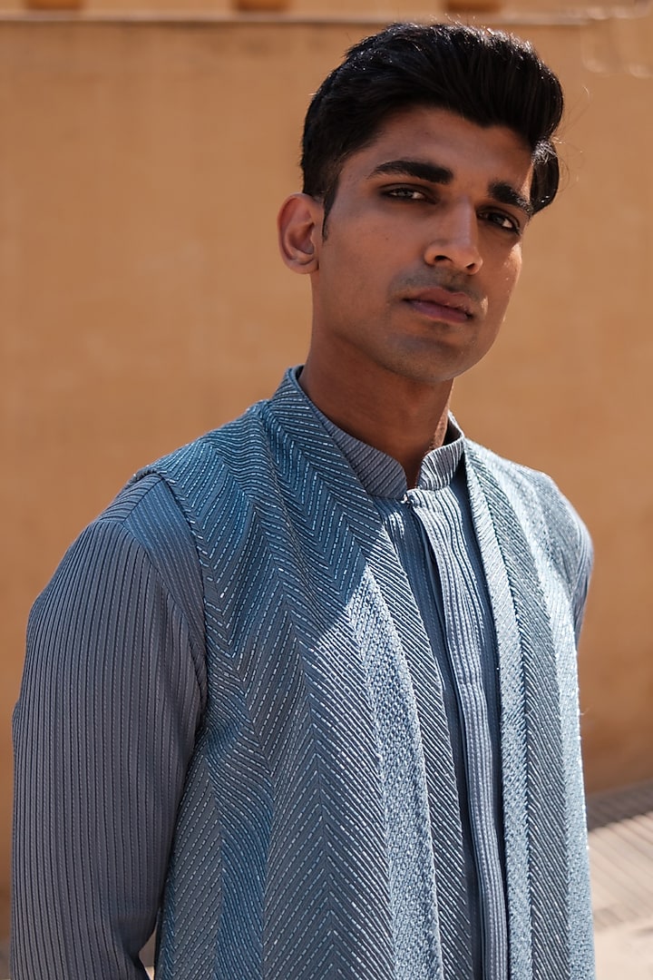 Denim Blue Cotton Silk blend Beads Embroidered Nehru Jacket Set by Amaare at Pernia's Pop Up Shop