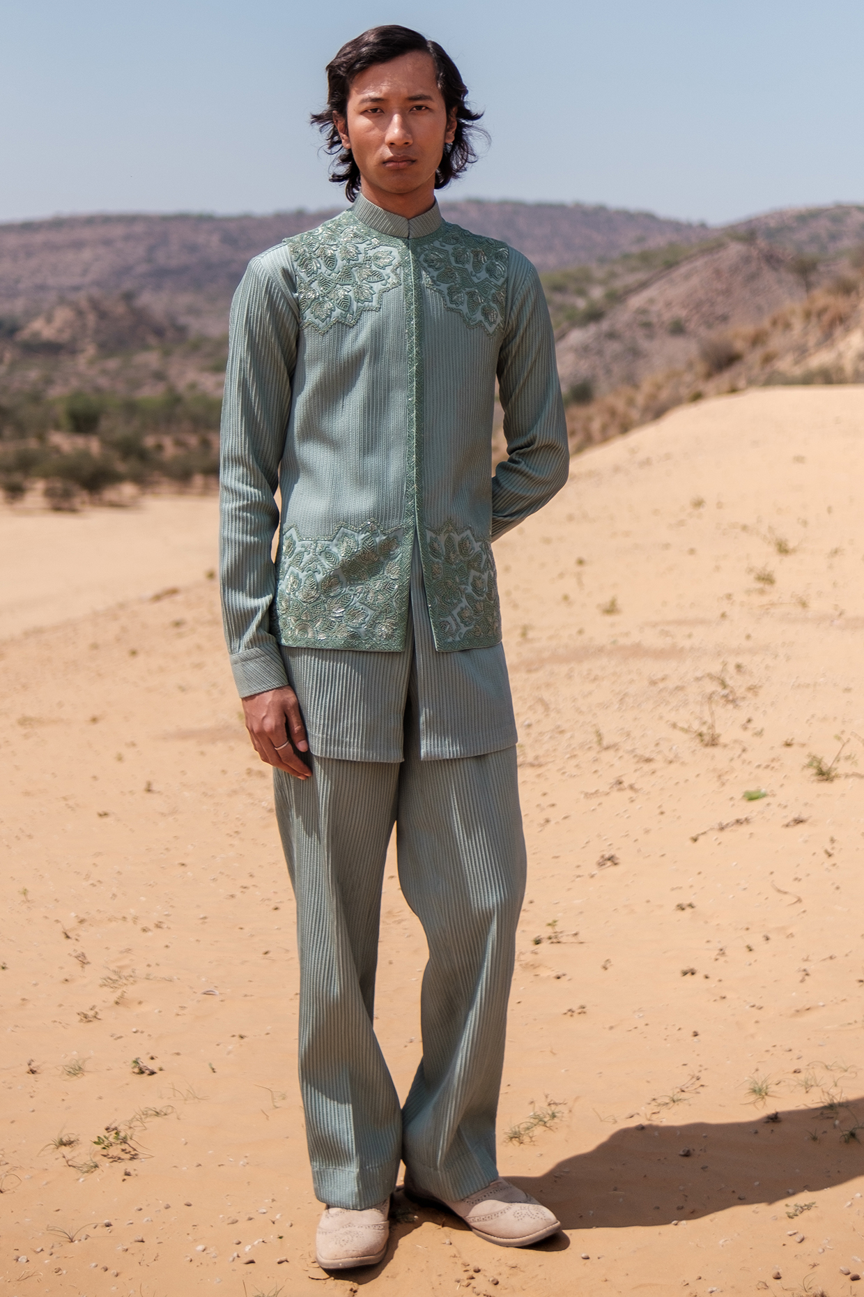 Pistachio Green Cotton Silk blend Beads Embroidered Nehru Jacket Set by Amaare