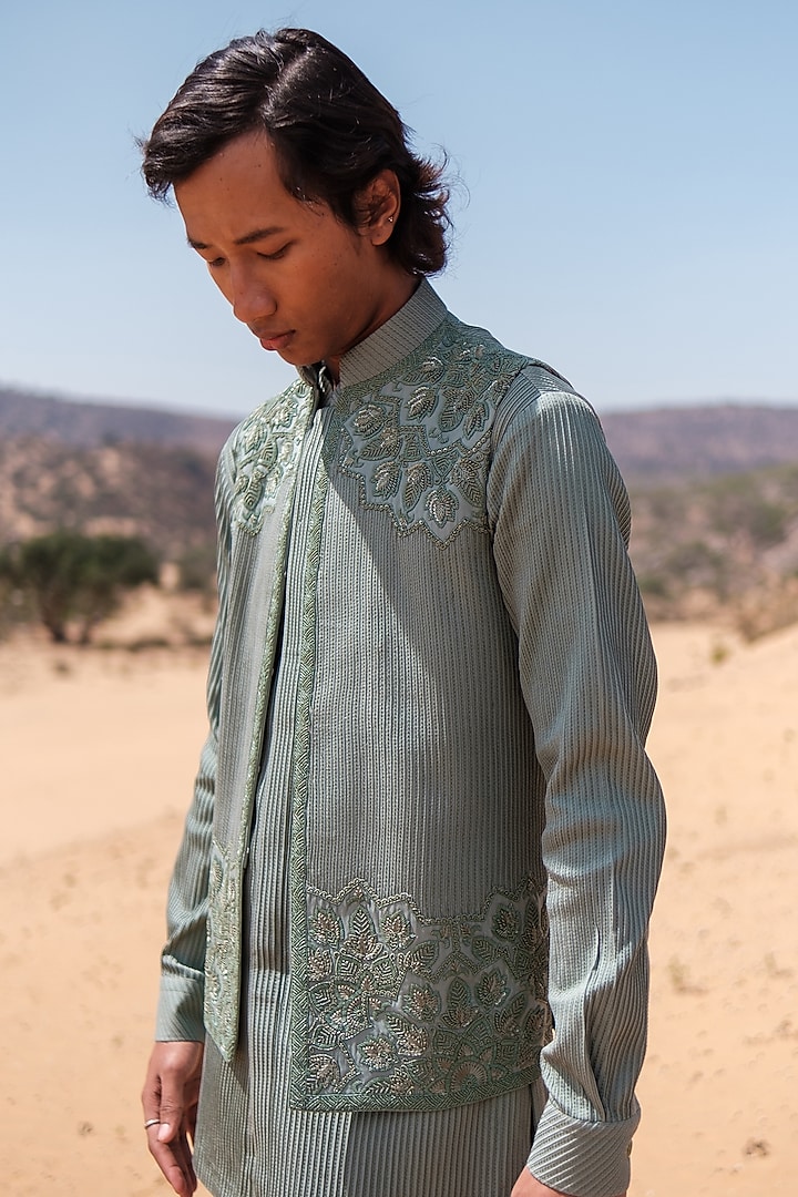 Pistachio Green Cotton Silk blend Beads Embroidered Nehru Jacket Set by Amaare at Pernia's Pop Up Shop