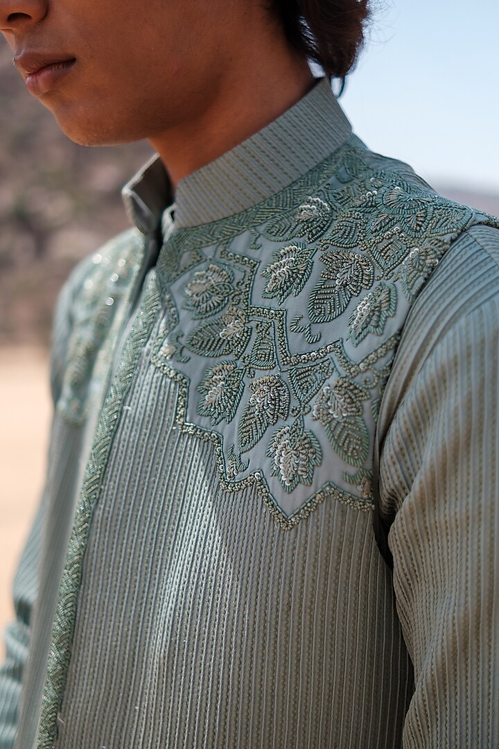 Pistachio Green Cotton Silk blend Beads Embroidered Nehru Jacket Set by Amaare at Pernia's Pop Up Shop