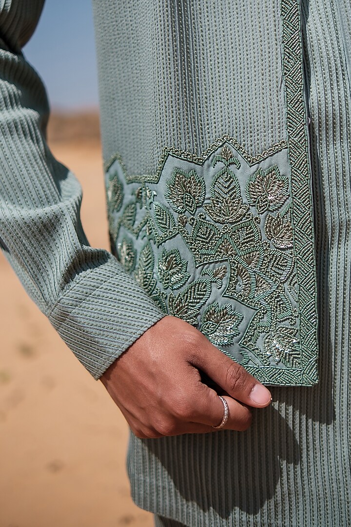 Pistachio Green Cotton Silk blend Beads Embroidered Nehru Jacket Set by Amaare at Pernia's Pop Up Shop
