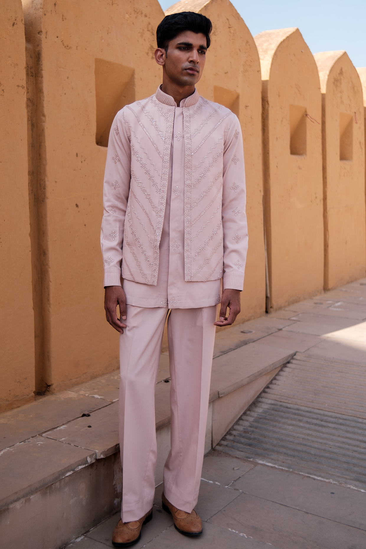 Rose Pink Cotton Silk blend Beads Embroidered Nehru Jacket Set by Amaare