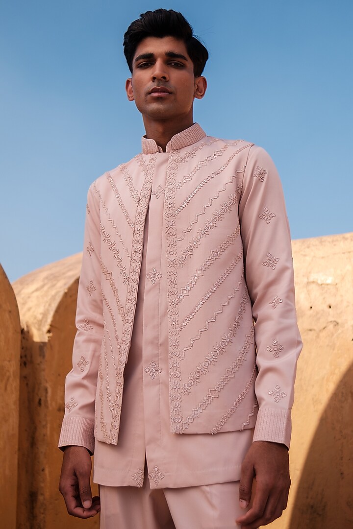 Rose Pink Cotton Silk blend Beads Embroidered Nehru Jacket Set by Amaare at Pernia's Pop Up Shop