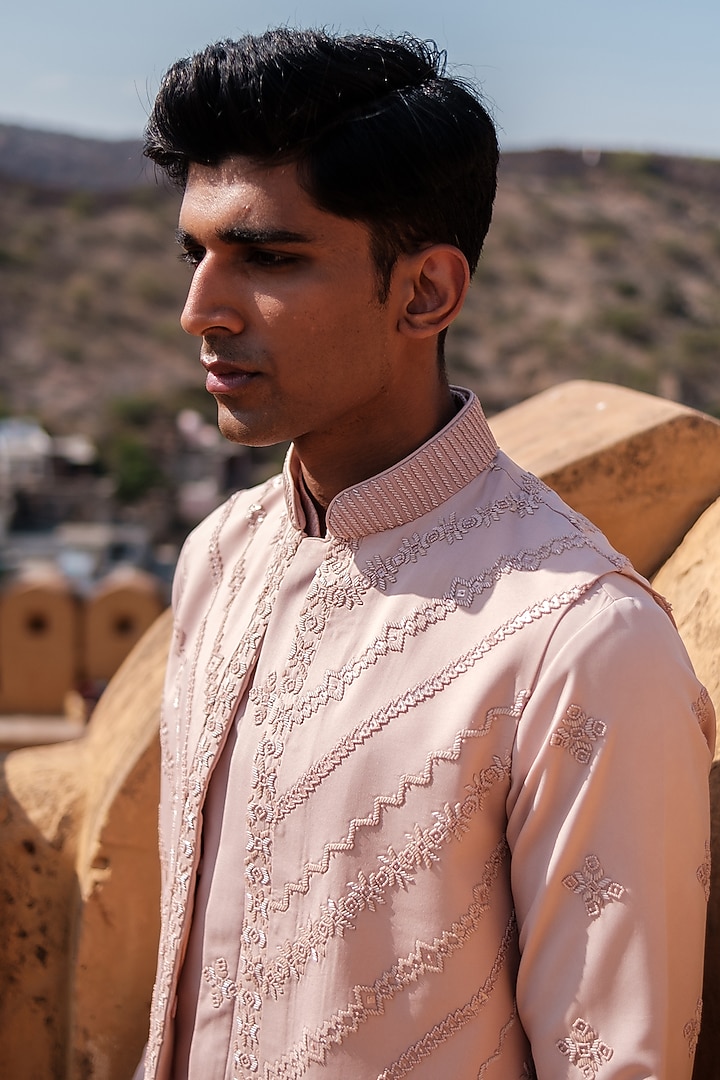 Rose Pink Cotton Silk blend Beads Embroidered Nehru Jacket Set by Amaare at Pernia's Pop Up Shop