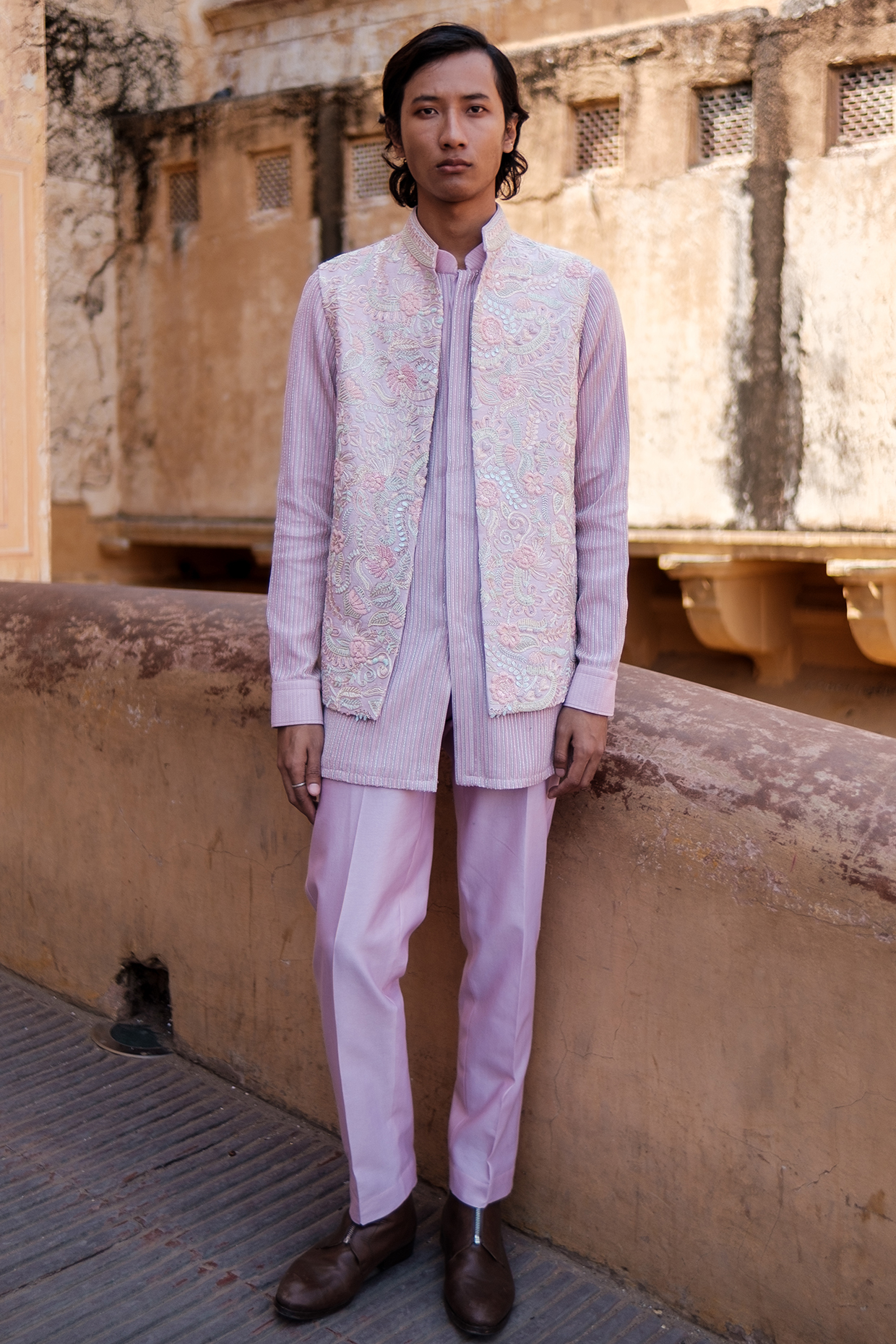 Lilac Cotton Silk blend Beads Embroidered Nehru Jacket Set by Amaare