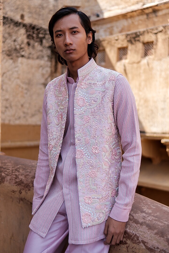 Lilac Cotton Silk blend Beads Embroidered Nehru Jacket Set by Amaare at Pernia's Pop Up Shop
