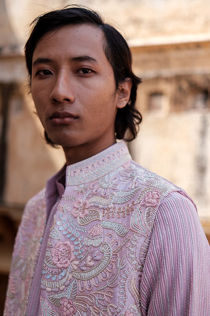Lilac Cotton Silk blend Beads Embroidered Nehru Jacket Set by Amaare at Pernia's Pop Up Shop