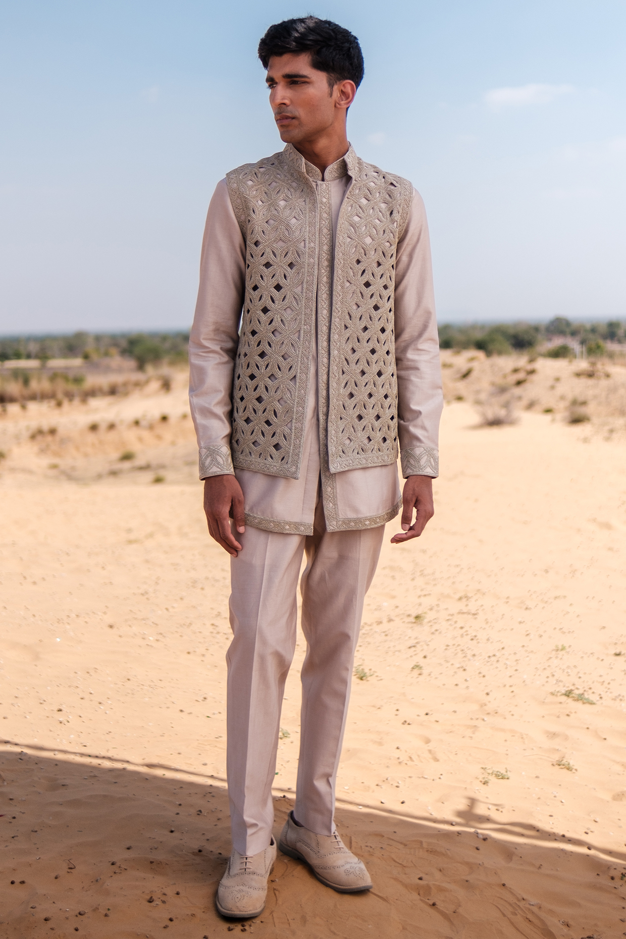 Champagne Gold Cotton Silk blend Beads Embroidered Nehru Jacket Set by Amaare