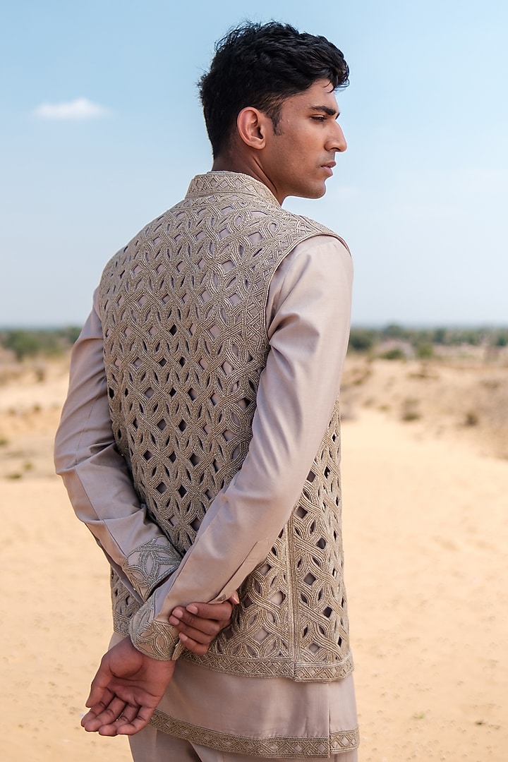 Champagne Gold Cotton Silk blend Beads Embroidered Nehru Jacket Set by Amaare at Pernia's Pop Up Shop