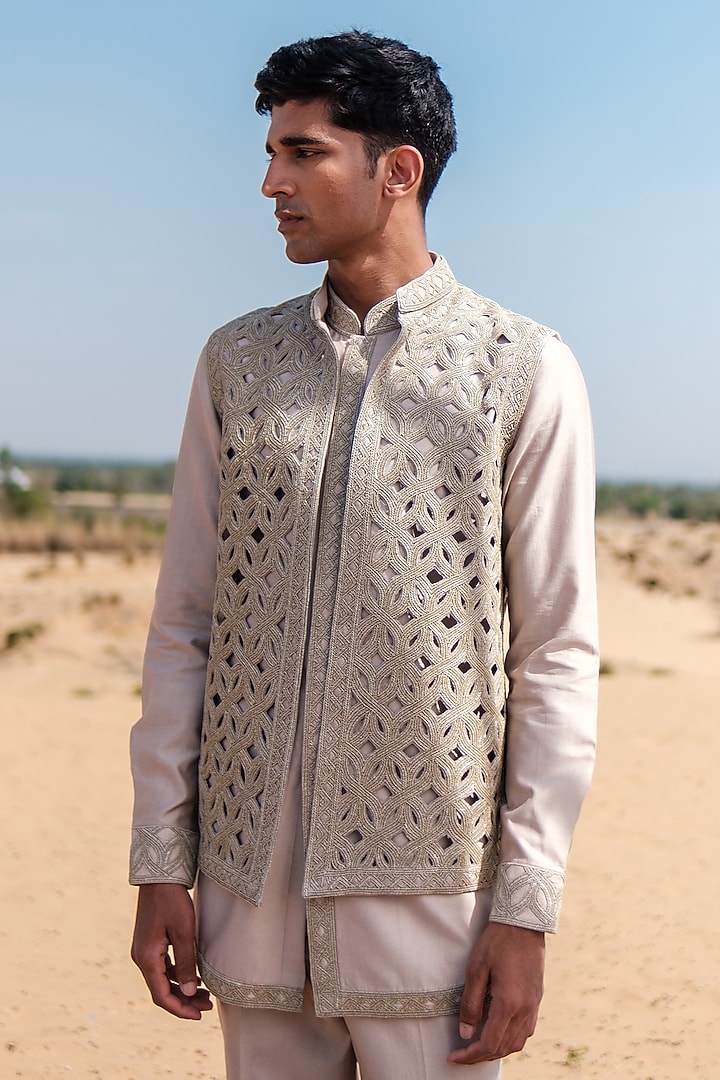 Champagne Gold Cotton Silk blend Beads Embroidered Nehru Jacket Set by Amaare at Pernia's Pop Up Shop