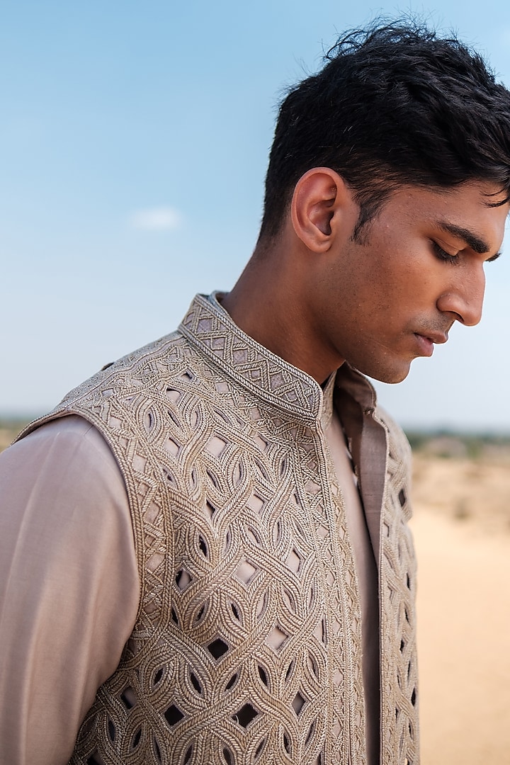 Champagne Gold Cotton Silk blend Beads Embroidered Nehru Jacket Set by Amaare at Pernia's Pop Up Shop
