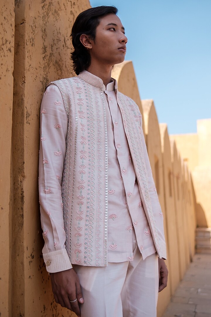 Beige Chanderi Sequins Embroidered Nehru Jacket Set by Amaare at Pernia's Pop Up Shop