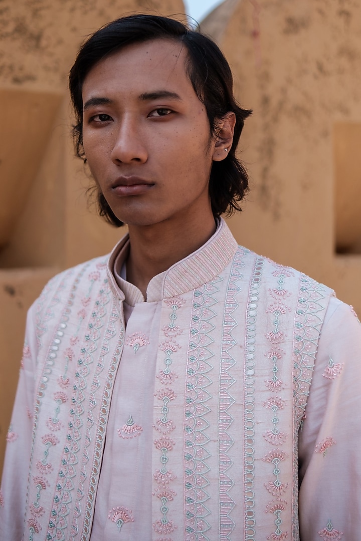 Beige Chanderi Sequins Embroidered Nehru Jacket Set by Amaare at Pernia's Pop Up Shop