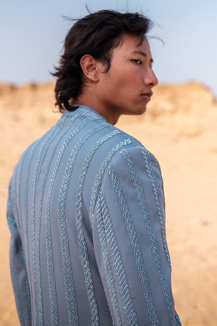 Blue Cotton Silk Blend Bead Embroidered Groom Bandhgala Set by Amaare at Pernia's Pop Up Shop