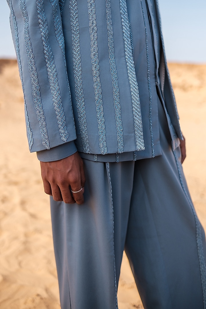 Blue Cotton Silk Blend Bead Embroidered Groom Bandhgala Set by Amaare at Pernia's Pop Up Shop