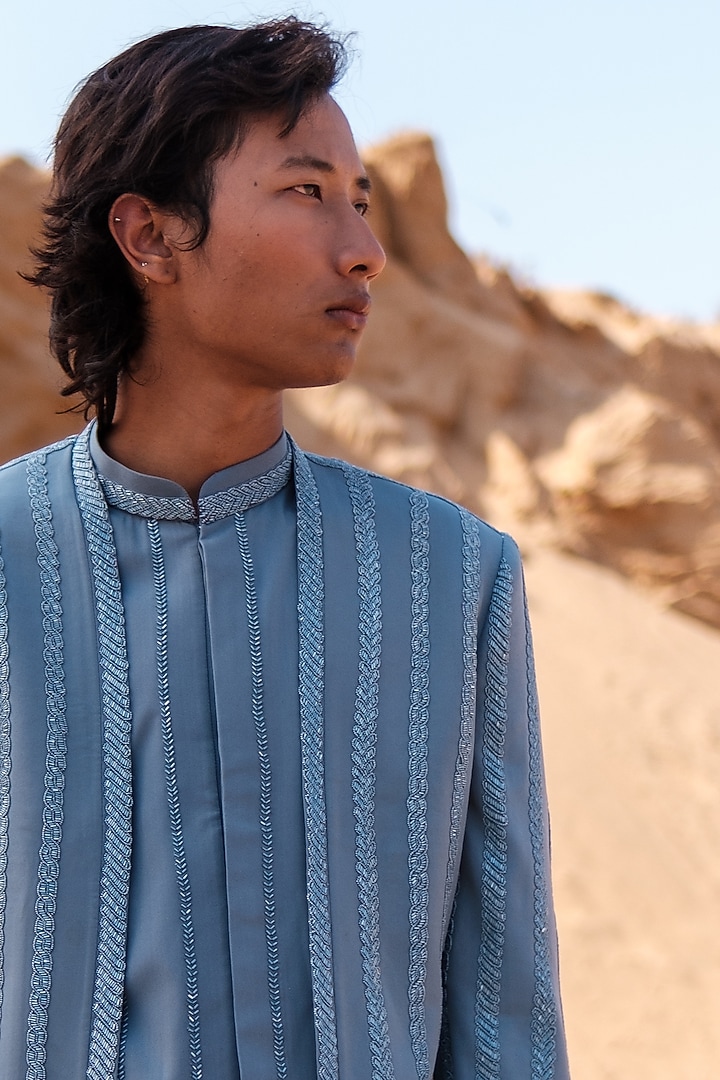 Blue Cotton Silk Blend Bead Embroidered Groom Bandhgala Set by Amaare at Pernia's Pop Up Shop