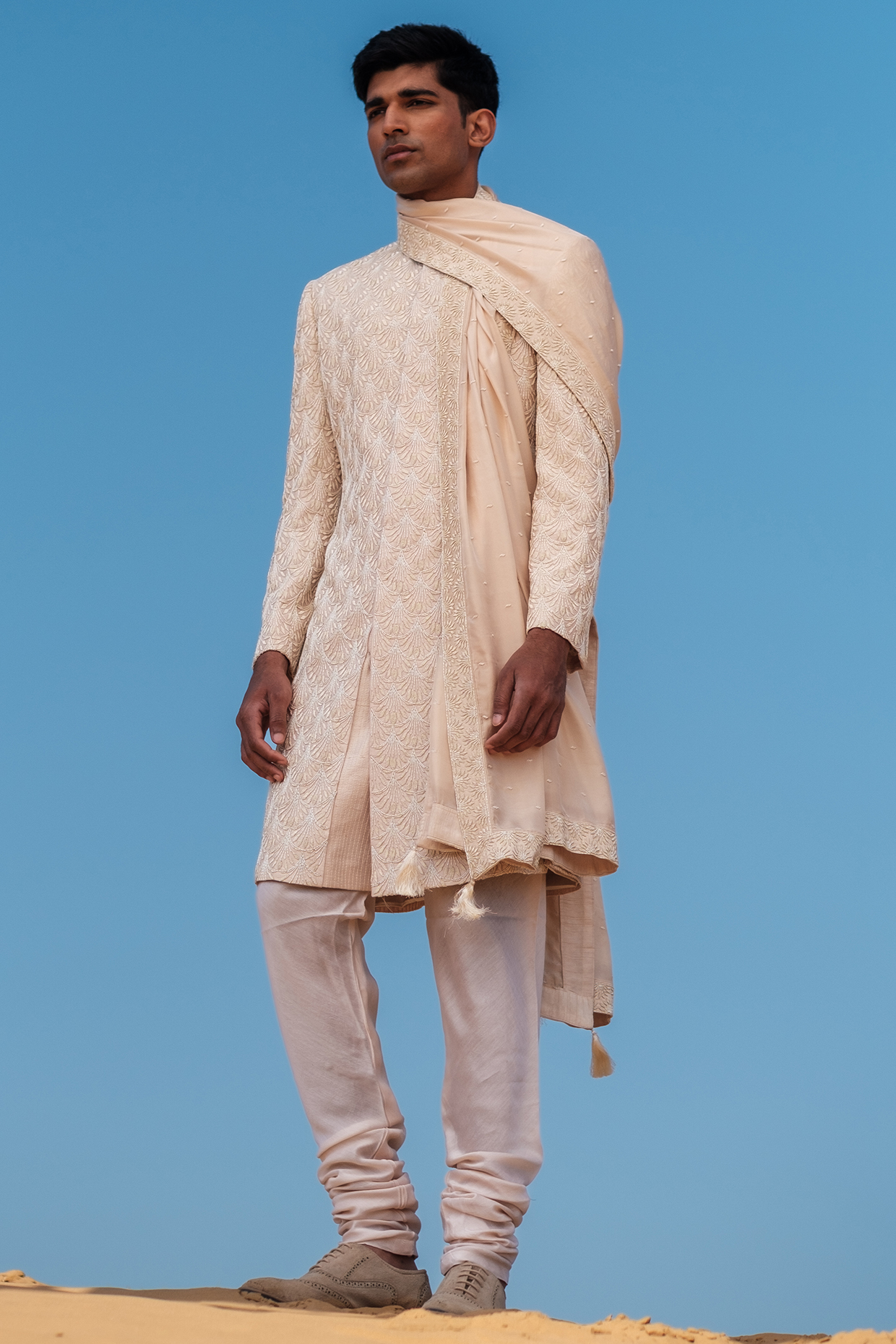 Beige Raw Silk Dabka Embroidered Sherwani Set by Amaare