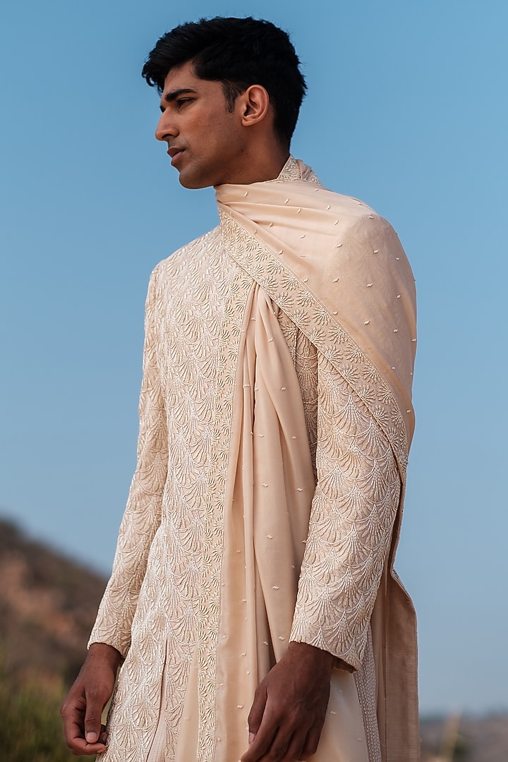 Beige Raw Silk Dabka Embroidered Groom Sherwani Set by Amaare at Pernia's Pop Up Shop