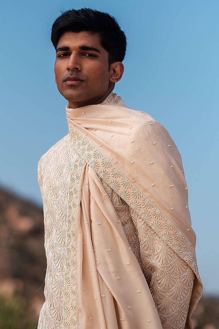 Beige Raw Silk Dabka Embroidered Groom Sherwani Set by Amaare at Pernia's Pop Up Shop