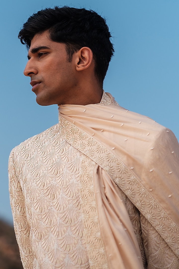 Beige Raw Silk Dabka Embroidered Groom Sherwani Set by Amaare at Pernia's Pop Up Shop