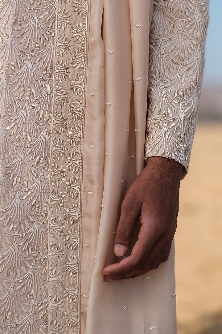 Beige Raw Silk Dabka Embroidered Groom Sherwani Set by Amaare at Pernia's Pop Up Shop