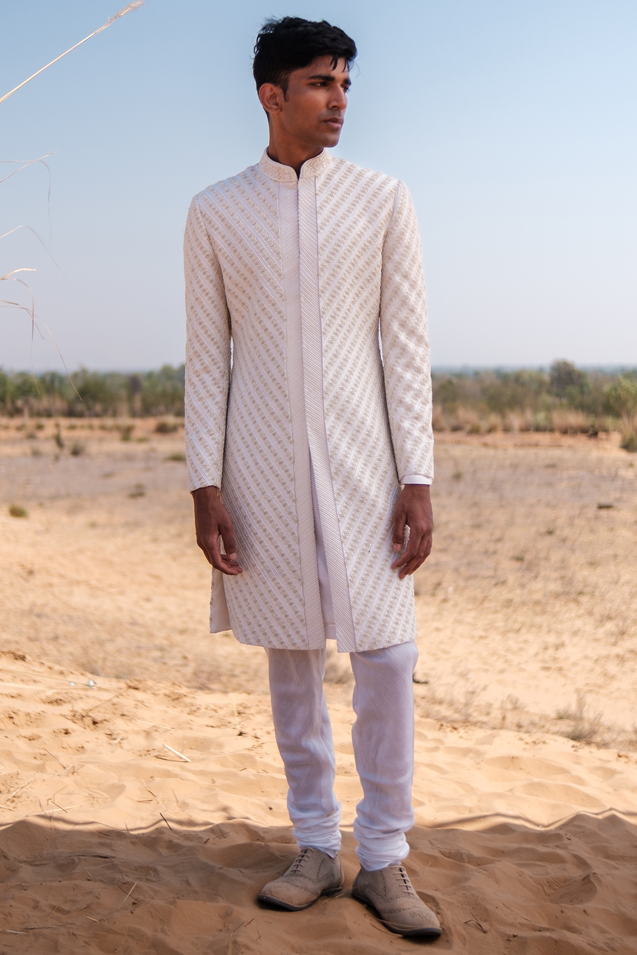 Ivory Raw Silk Dabka Embroidered Sherwani Set by Amaare