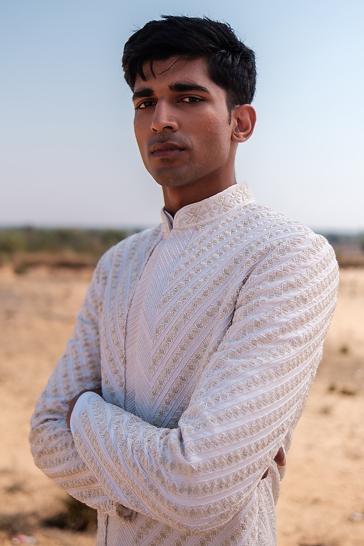 Ivory Raw Silk Dabka Embroidered Groom Sherwani Set by Amaare at Pernia's Pop Up Shop
