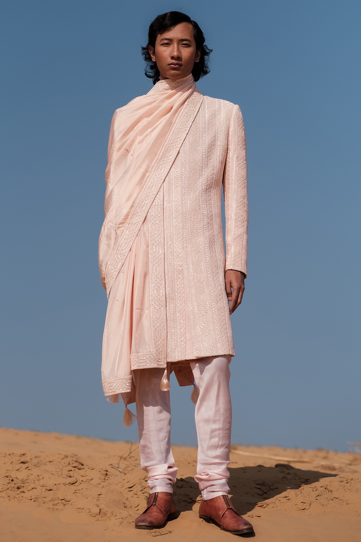Peachy Pink Raw Silk Dabka Embroidered Sherwani Set by Amaare