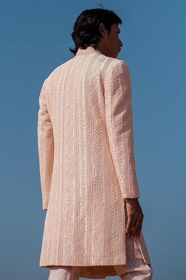 Peachy Pink Raw Silk Dabka Embroidered Groom Sherwani Set by Amaare at Pernia's Pop Up Shop