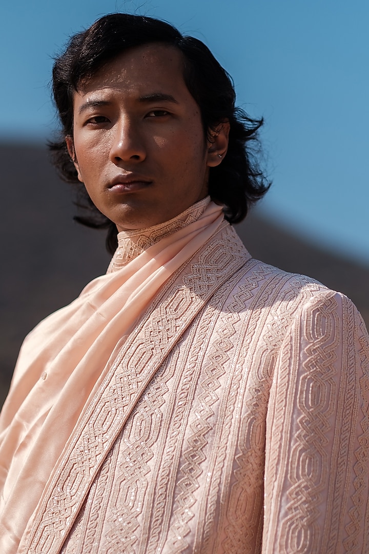 Peachy Pink Raw Silk Dabka Embroidered Groom Sherwani Set by Amaare at Pernia's Pop Up Shop