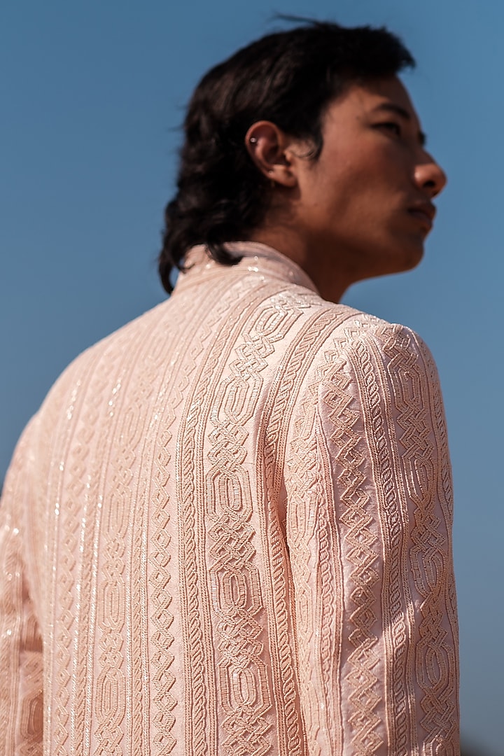Peachy Pink Raw Silk Dabka Embroidered Groom Sherwani Set by Amaare at Pernia's Pop Up Shop
