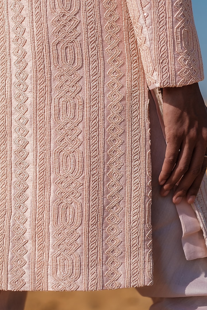 Peachy Pink Raw Silk Dabka Embroidered Groom Sherwani Set by Amaare at Pernia's Pop Up Shop