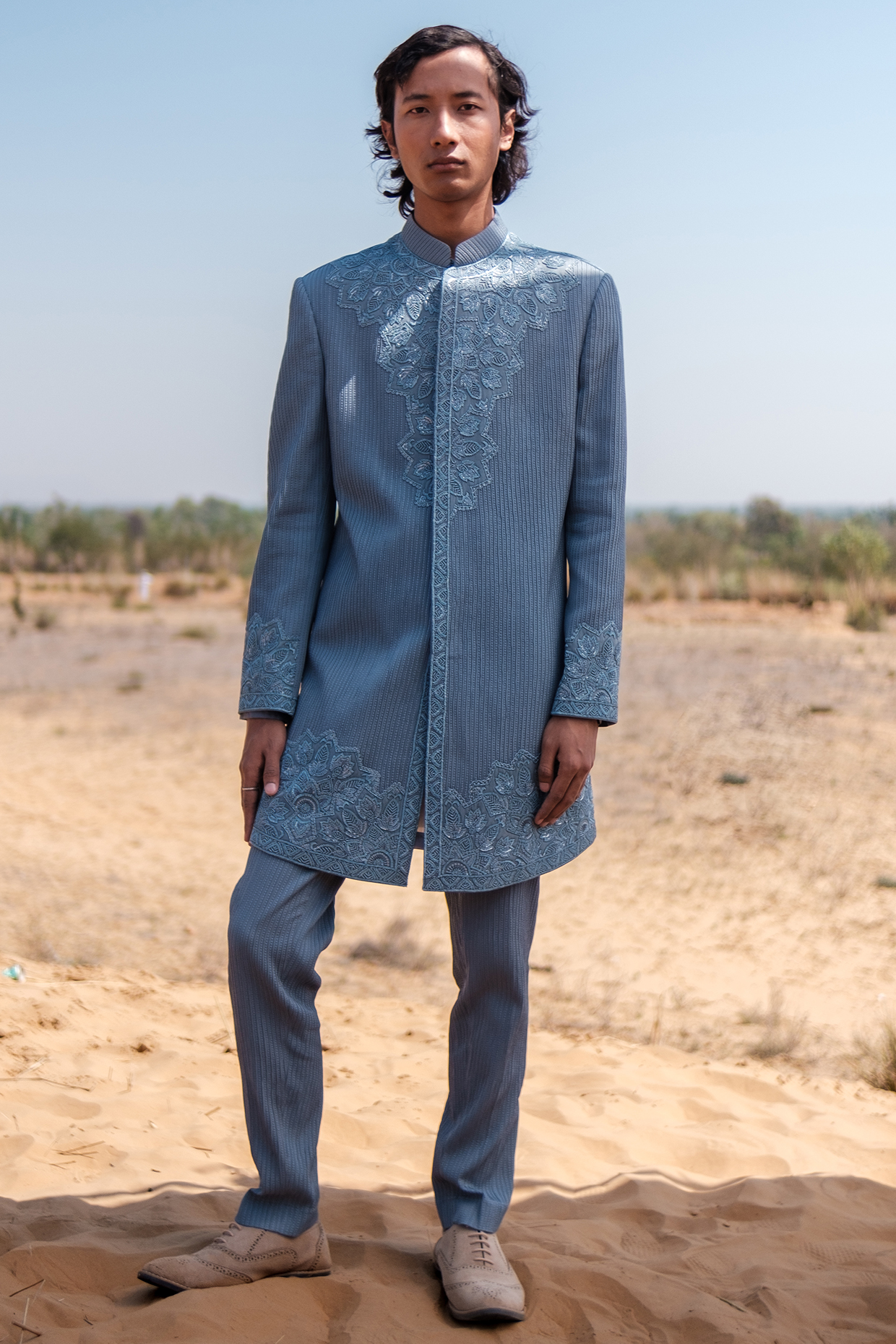 Denim Blue Cotton Silk blend Glass Beads Embroidered Indo-Western Set by Amaare