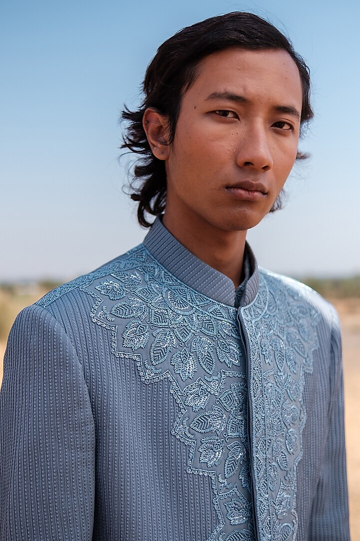 Denim Blue Cotton Silk blend Glass Beads Embroidered Indo-Western Set by Amaare at Pernia's Pop Up Shop