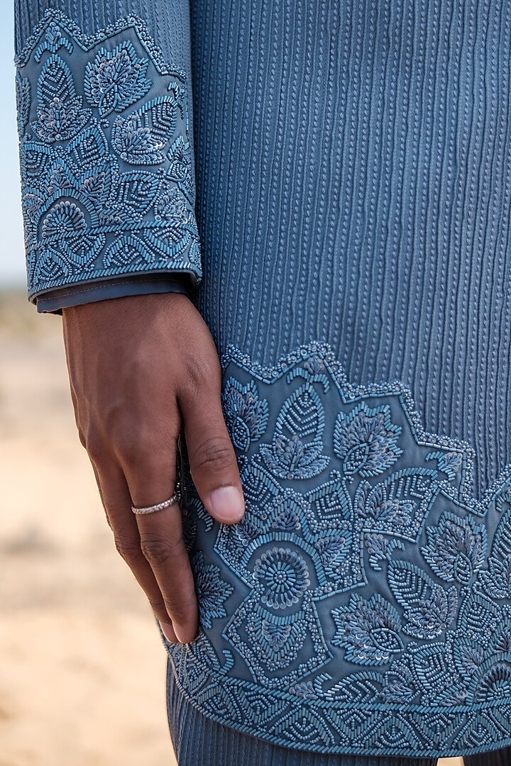 Denim Blue Cotton Silk blend Glass Beads Embroidered Indo-Western Set by Amaare at Pernia's Pop Up Shop