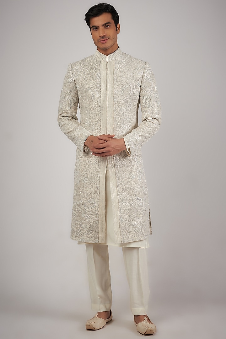 Ivory Raw Silk Sequins & Beads Hand Embroidered Groom Sherwani Set by Amaare at Pernia's Pop Up Shop