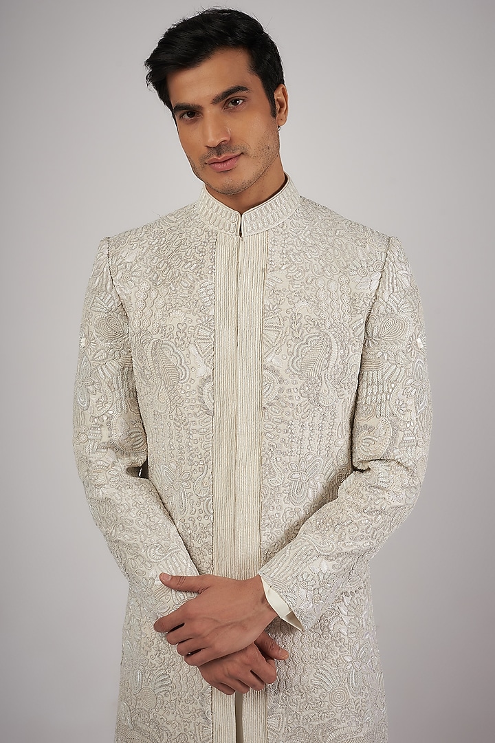 Ivory Raw Silk Sequins & Beads Hand Embroidered Groom Sherwani Set by Amaare at Pernia's Pop Up Shop