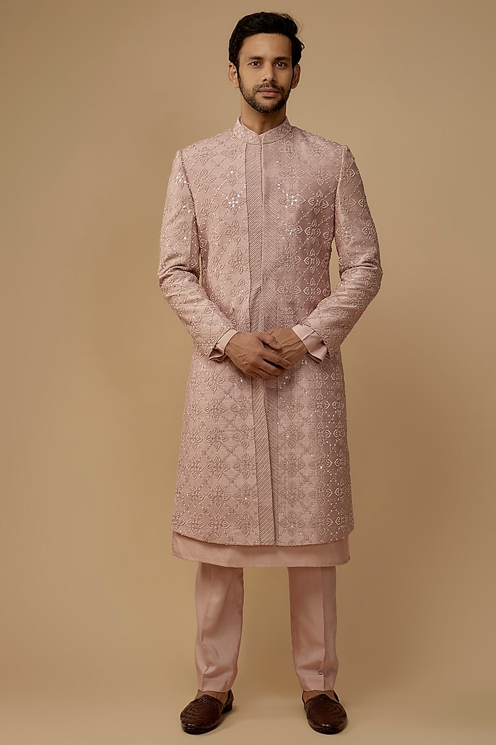Pink Raw Silk Dabka Embroidered Sherwani Set by Amaare