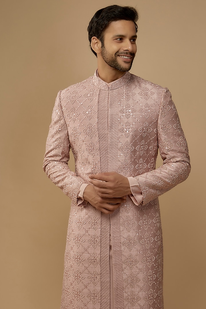 Pink Raw Silk Dabka Embroidered Groom Sherwani Set by Amaare at Pernia's Pop Up Shop